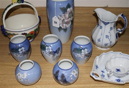 A collection of six assorted vases, a basket & 3 blue and white items
